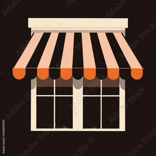 Storefront window has an awning with orange trim and striped pattern