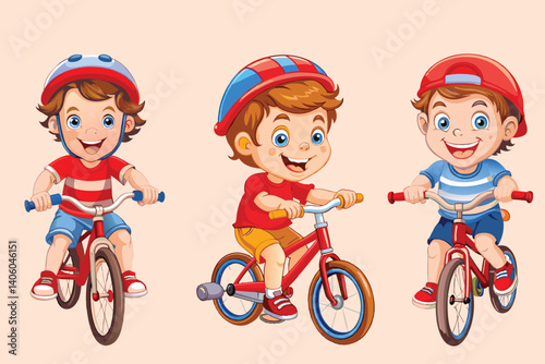 Three smiling cartoon boys riding red bicycles, each wearing a different hat