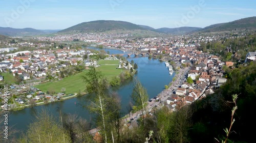 An elevated view of the medieval old town of Miltenberg, Bavaria, nestled along the Main River.