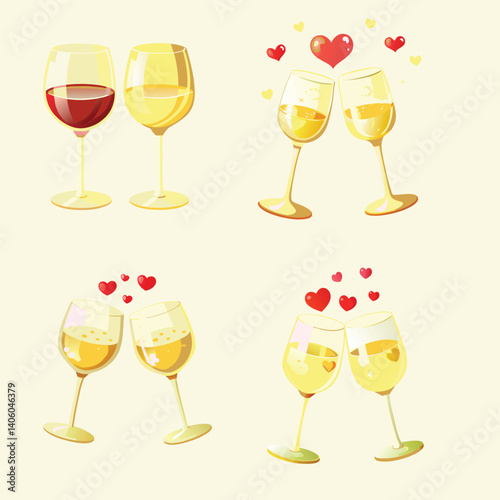 Wine glasses with red wine and champagne toasting, surrounded by red heart shapes