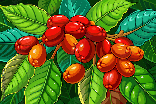 vector of Mature coffee beans ready for harvest show a distinctive red skin color that indicates their age and full readiness. These coffee beans are best for picking