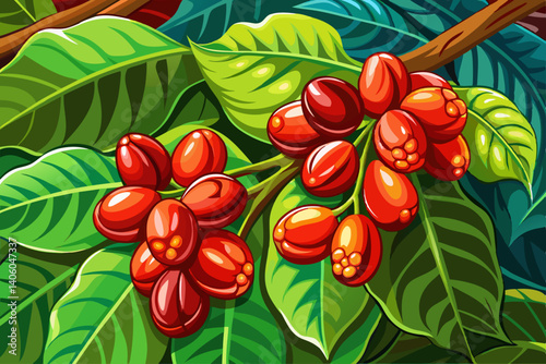 vector of Mature coffee beans ready for harvest show a distinctive red skin color that indicates their age and full readiness. These coffee beans are best for picking