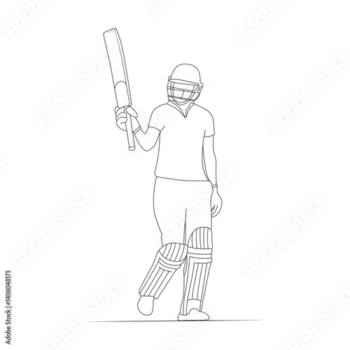 Cricket player line art drawing illustrations, Doodle sketch of a cricket player, Player silhouette, Batsman playing cricket raises his bat after scoring a full century, cricketer celebrating win.
