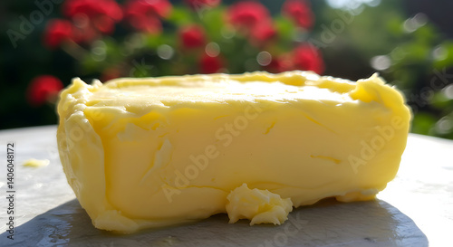Melting butter on sunny day, floral background, food photography