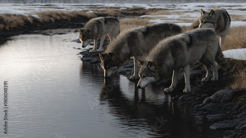 Ice Age Spring Awakening: Glacial Landscape Rebirth, Prehistoric Wildlife Scene, Frozen World Thawing, Ancient Ecosystem Illustration, Springtime in the Pleistocene.

