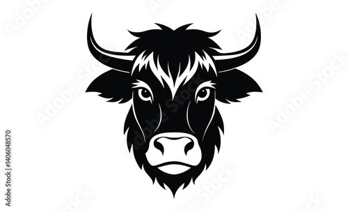 Highland cow head silhouette, Cow logo design, Farm animal illustration, Bull head icon, Cattle vector 