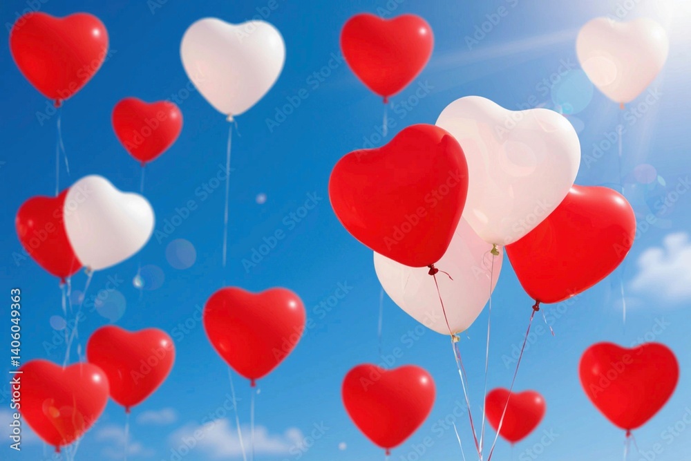 Red and white heart-shaped balloons against the blue sky with clouds Red and white heart-shaped balloons against the blue sky with clouds