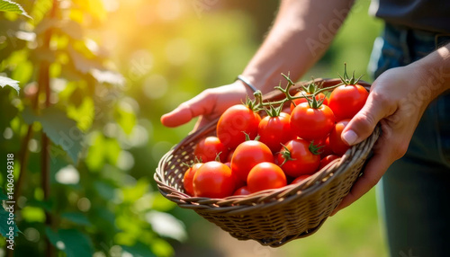 Wicker basket filled with freshly picked, ripe red tomatoes, held by hand, set against a vibrant green garden background