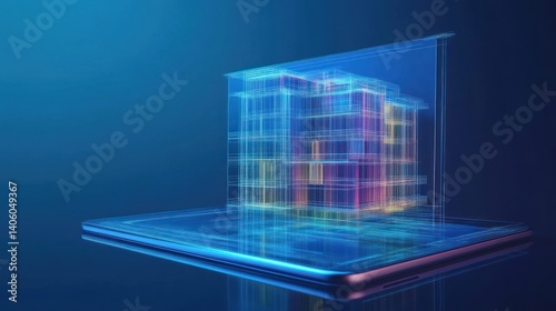 A digital tablet showcasing a hologram of a modern building. Real estate and building technology concept with clear space for customization.