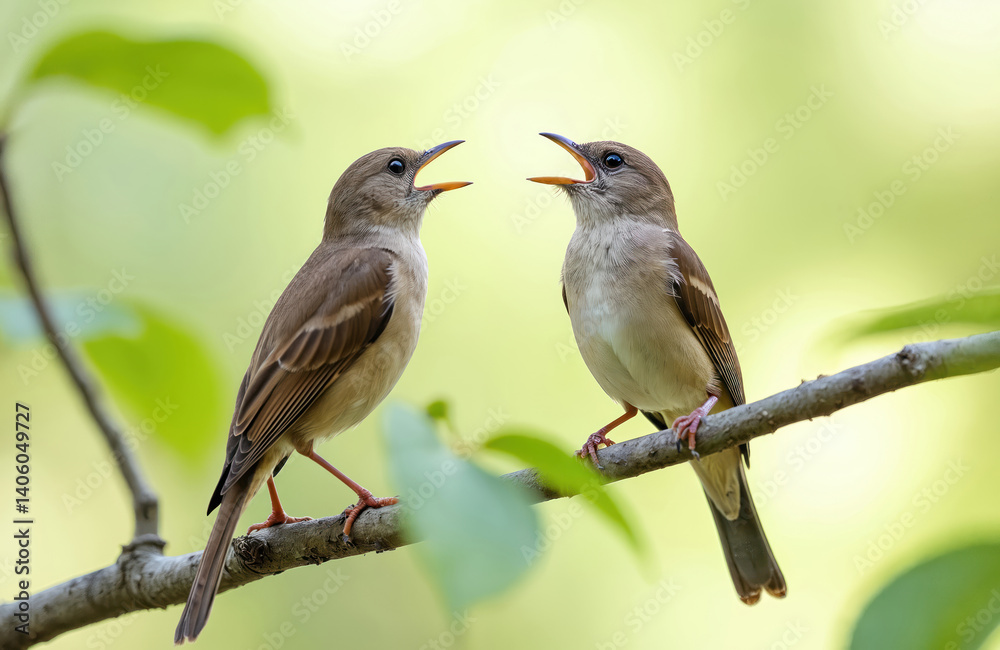 Obraz premium Two thrush nightingales Luscinia luscinia, grey brown birds singing, on branch. Wildlife scene in natural habitat during springtime. Nature, birdwatching, ornithology concept. Springtime vibes,