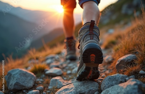 Tourist in trekking hiking boots walks mountain at sunset. Person wearing hiking boots, climbing on rocky trail. Sun sets on background. Concept of active lifestyle travel.