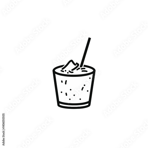 Whiskey glass icon in black line style with ice and straw