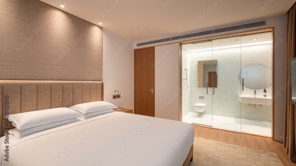 Fototapeta premium Stylish Guest Room with Wood Accent Closet