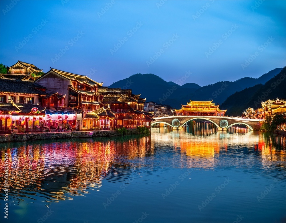 Fototapeta premium night view of zhenyuan ancient town guizhou china