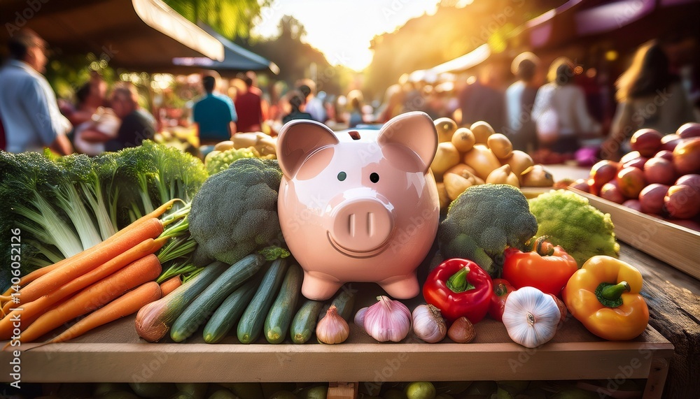 Obraz premium piggy bank surrounded by fresh produce at vibrant farmer s market in bright natural light
