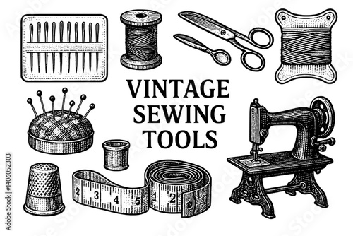 Intricate collection of vintage sewing tools showcasing craftsmanship and creativity in a timeless style