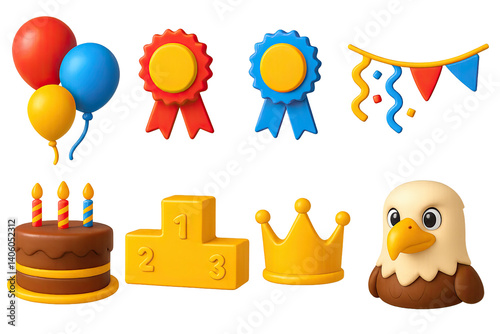 3D icon set of school celebration items: balloons, award ribbons, confetti, banner, celebration cake, podium, crown, school mascot. 3d icon. icons set of 3d style in a modern design. Isolated