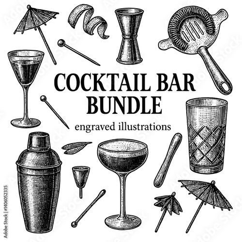 Celebration of cocktail culture with engraved illustrations of bar tools and drinks on a transparent background