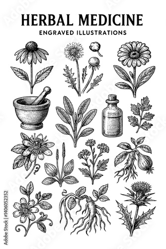 Engraved illustrations of herbal medicine showcasing various plants and remedies for natural healing