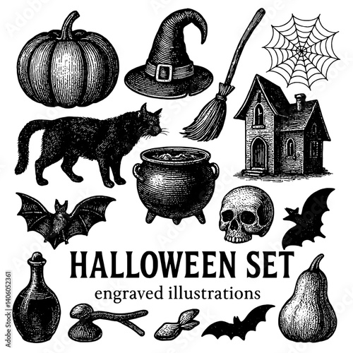 Engraved Halloween themed illustrations depicting a mystical pumpkin, witch's hat, black cat, and spooky home among other eerie symbols