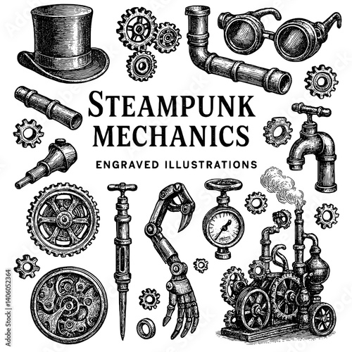 Steampunk mechanics illustration featuring engraved gears, pipes, goggles, and intricate machinery
