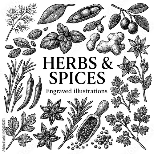 Engraved illustrations of herbs and spices showcasing the beauty of nature's bounty in black and white artistry