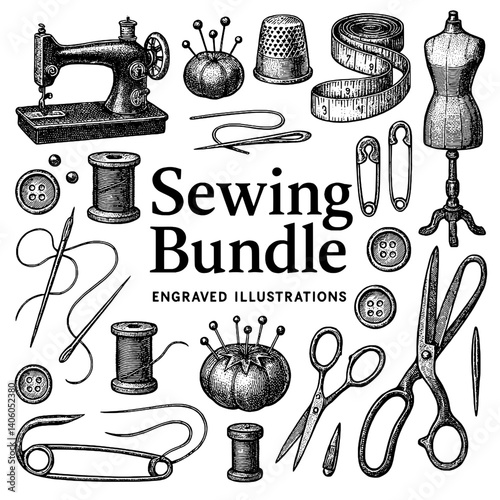 Creative sewing bundle featuring intricate engraved illustrations of various tools and accessories for fabric crafting