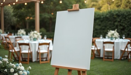 Blank white welcome sign mockup on wooden easel at outdoor wedding. Empty advertising board, poster for greeting guests. Party decoration, wedding reception decor, design template.