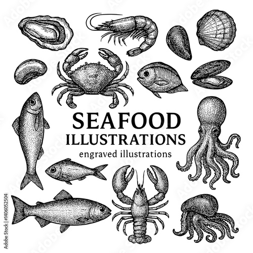 Illustration of diverse seafood showcasing intricate engravings of marine life with transparent background