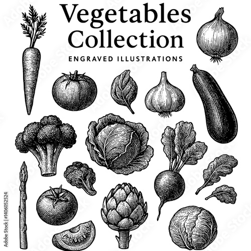 Detailed engraved collection of various vegetables showcasing intricate designs and textures in a monochrome style