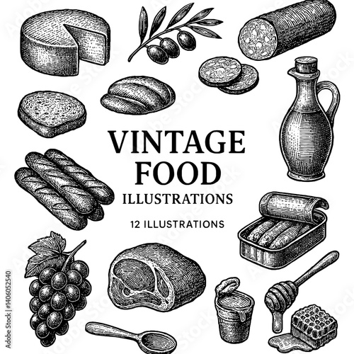 Engraved artistic collection of vintage food illustrations featuring a diverse array of delicacies and culinary delights