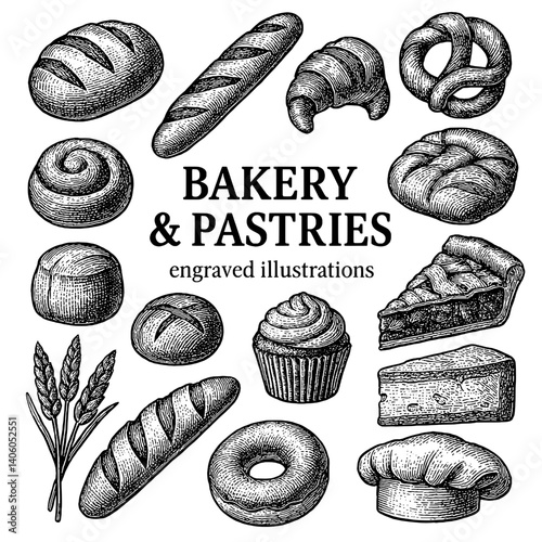 Charming engravings of bakery delights featuring pastries, breads, and desserts illustrating culinary art and tradition