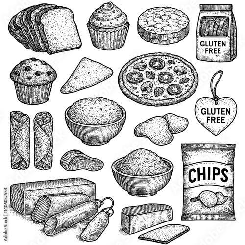 Delightful assortment of gluten-free baked goods and snacks captured in elegant engraved illustration style