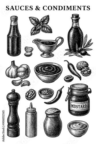Intricate engraved collection of sauces and condiments showcasing culinary diversity and flavor enhancement