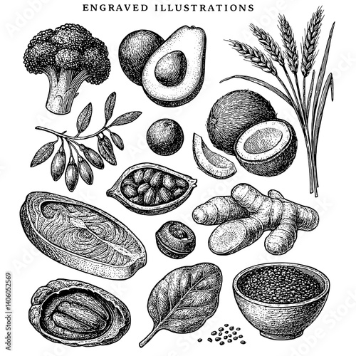 Engraved botanical illustrations of diverse vegetables and seeds showcasing the beauty of nature's bounty