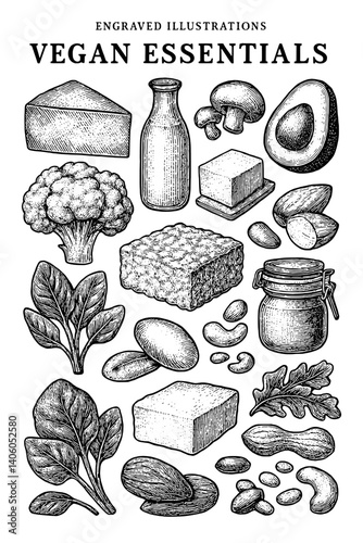 Discover vegan essentials illustrated in intricate engravings showcasing a variety of plant-based foods and nutritious ingredients