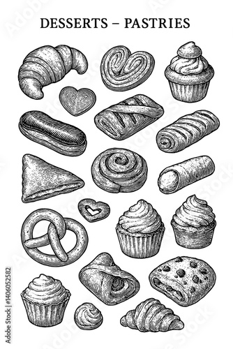 Delightful assortment of engraved desserts and pastries showcasing intricate details and delectable forms