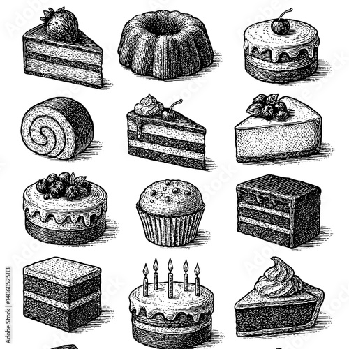 Delightful assortment of hand-engraved cakes and pastries showcasing dessert artistry and craftsmanship in elegant black and white
