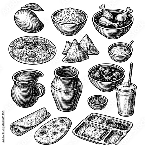 Delightful assortment of traditional dishes featuring mango, sweets, and savory snacks on a rustic table
