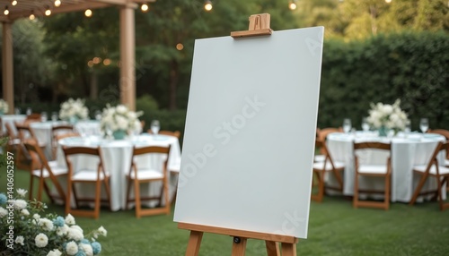 Blank white welcome sign mockup on wooden easel at outdoor wedding. Empty advertising board, poster for greeting guests. Party decoration, wedding reception decor, design template.