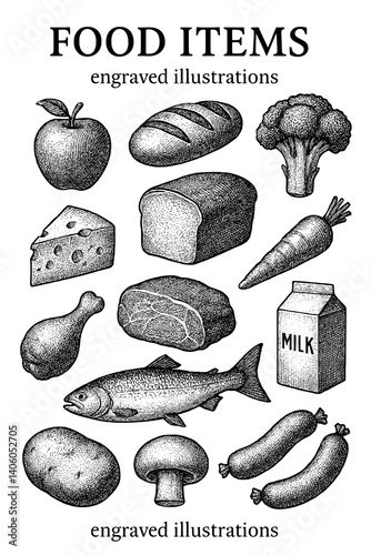 Detailed engraved illustrations showcasing various food items including fruits, vegetables, dairy, and meats in monochrome style