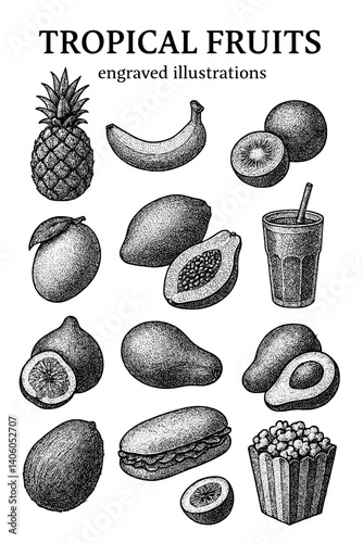 Engraved illustrations of tropical fruits showcasing nature's bounty in intricate details and diverse textures for art lovers