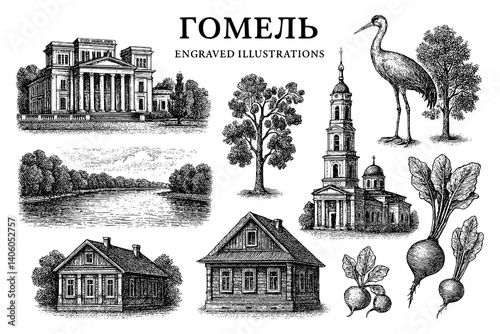 Engraved illustrations of Gomel showcasing architecture, nature, and daily life in a timeless artistic format