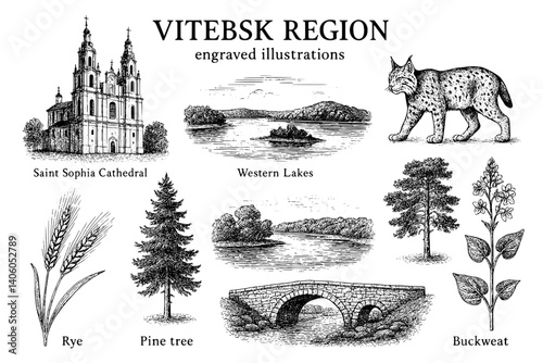 Engraved illustrations showcasing the beauty of Vitebsk region in intricate black and white detail
