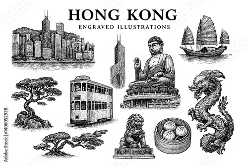 Engraved illustrations showcasing the rich heritage and iconic landmarks of Hong Kong with a blend of nature and culture