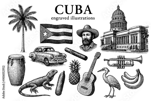 Intricate engraved illustrations capturing the essence of Cuba's culture and heritage through iconic symbols and figures
