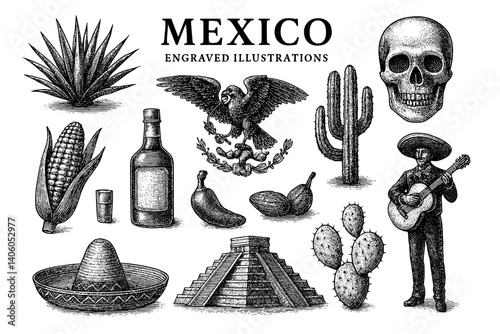 Engraved illustrations celebrating the rich culture and symbols of Mexico with traditional elements and vibrant history