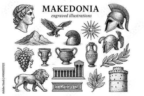 Engraved illustrations showcasing the rich heritage of Macedonia with iconic symbols and artifacts