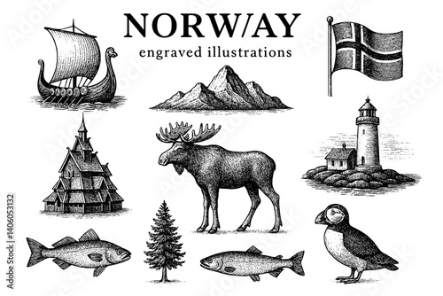 Engraved illustrations celebrating the beauty and heritage of Norway with iconic symbols and wildlife