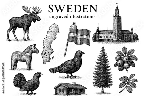 Engraved illustrations of Sweden featuring wildlife, landmarks, and cultural symbols on a transparent background